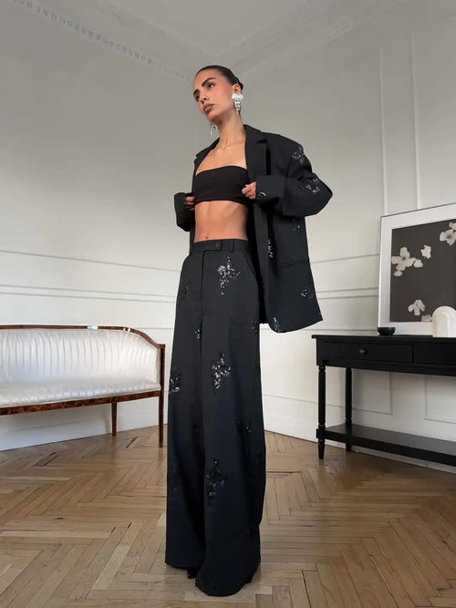 Black Sequin Women Embroidery Blazer 2 Piece Set Full Sleeve Lapel