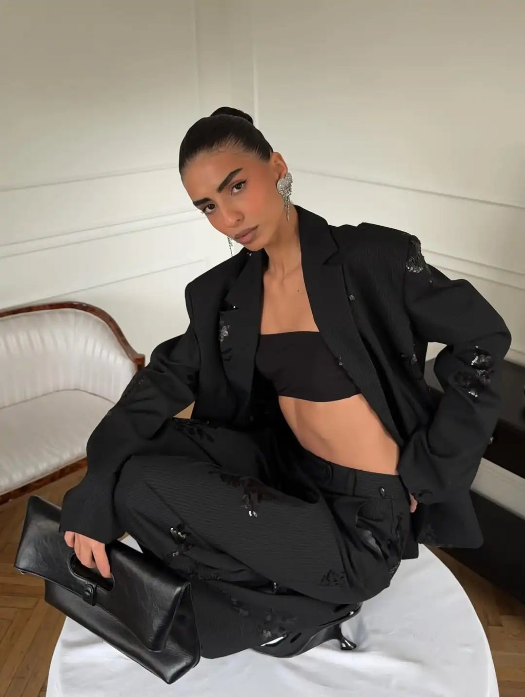 Black Sequin Women Embroidery Blazer 2 Piece Set Full Sleeve Lapel