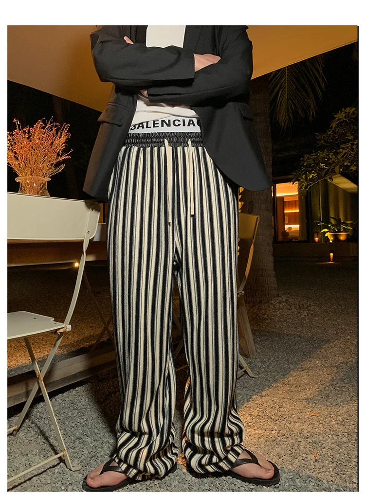 Mauroicardi Spring Autumn Long Loose Casual Flowy Striped Pants Men with Drawstring Elastic Waist Luxury Designer Clothing 2024