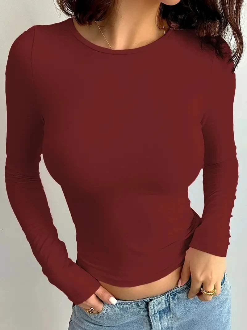 Summer Solid Crew Neck T-Shirt, Casual Long Sleeve Top For Spring & Fall,Women's Clothing
