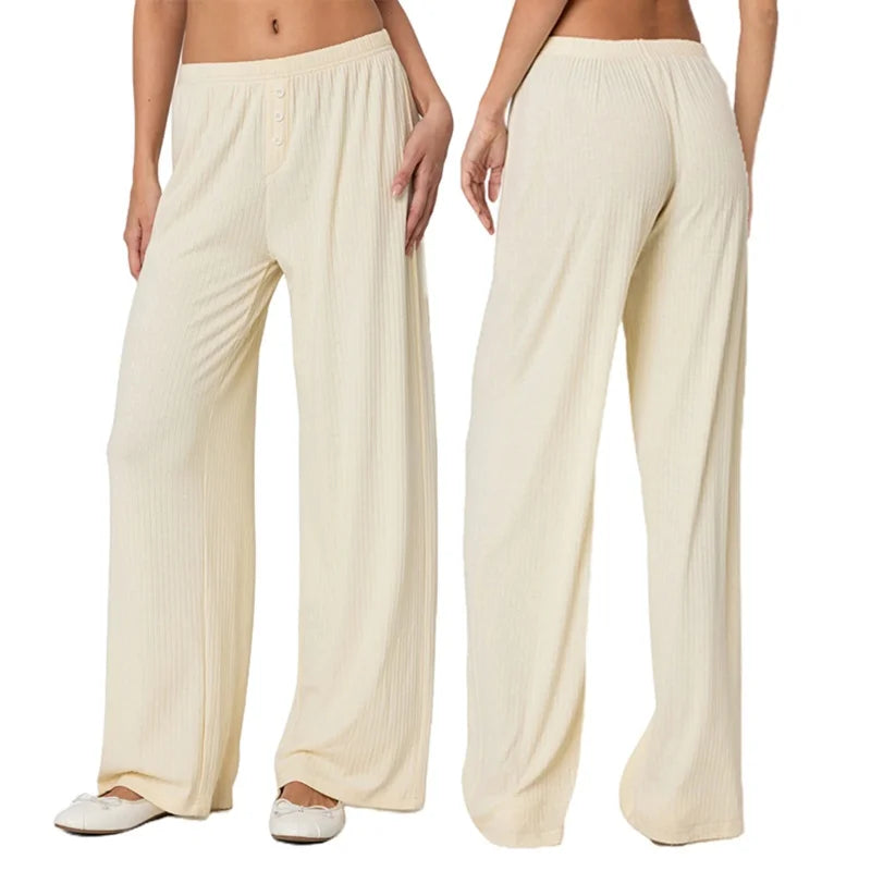 Puloru Women's Elastic Waist Baggy Pants Spring Summer Striped/Plaids/Letter Heart Print Wide Leg Lounge Bottoms Casual Trousers