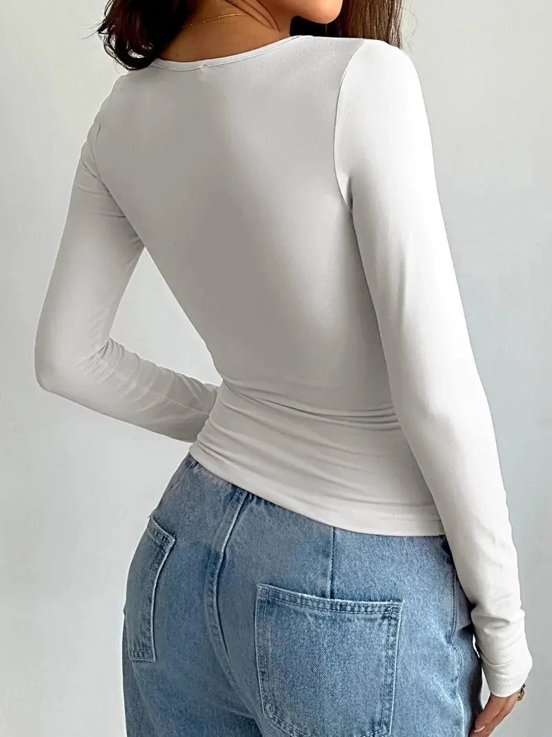 Summer Solid Crew Neck T-Shirt, Casual Long Sleeve Top For Spring & Fall,Women's Clothing