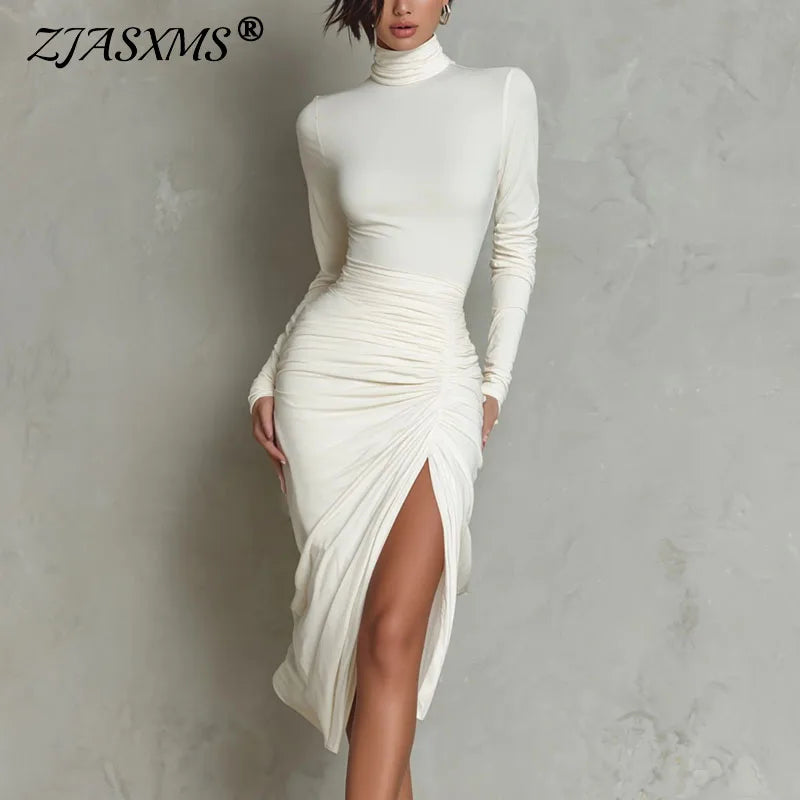 Turtleneck Ruched Bodycon Long Dress