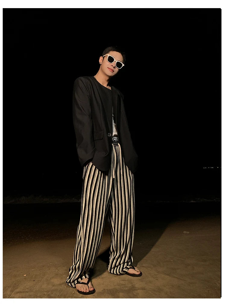 Mauroicardi Spring Autumn Long Loose Casual Flowy Striped Pants Men with Drawstring Elastic Waist Luxury Designer Clothing 2024