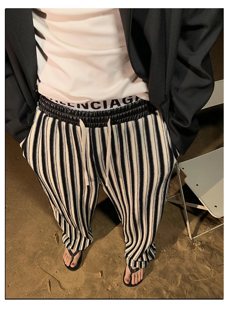 Mauroicardi Spring Autumn Long Loose Casual Flowy Striped Pants Men with Drawstring Elastic Waist Luxury Designer Clothing 2024