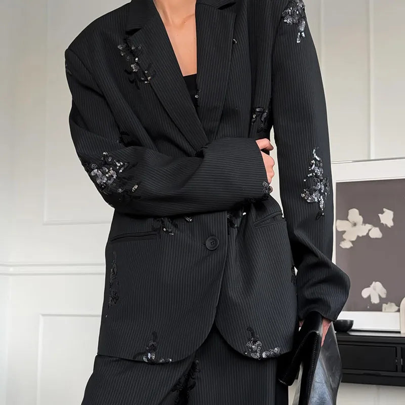 Black Sequin Women Embroidery Blazer 2 Piece Set Full Sleeve Lapel