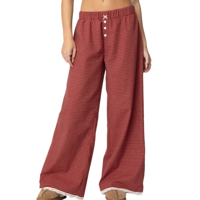 Puloru Women's Elastic Waist Baggy Pants Spring Summer Striped/Plaids/Letter Heart Print Wide Leg Lounge Bottoms Casual Trousers