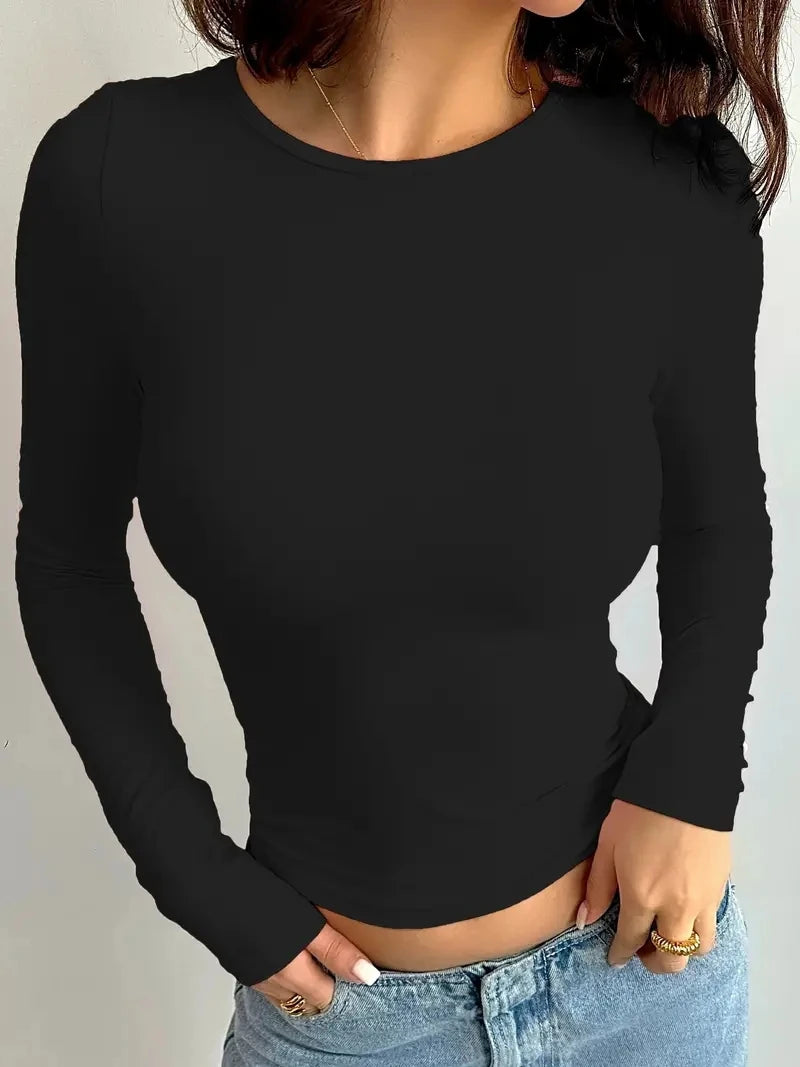 Summer Solid Crew Neck T-Shirt, Casual Long Sleeve Top For Spring & Fall,Women's Clothing