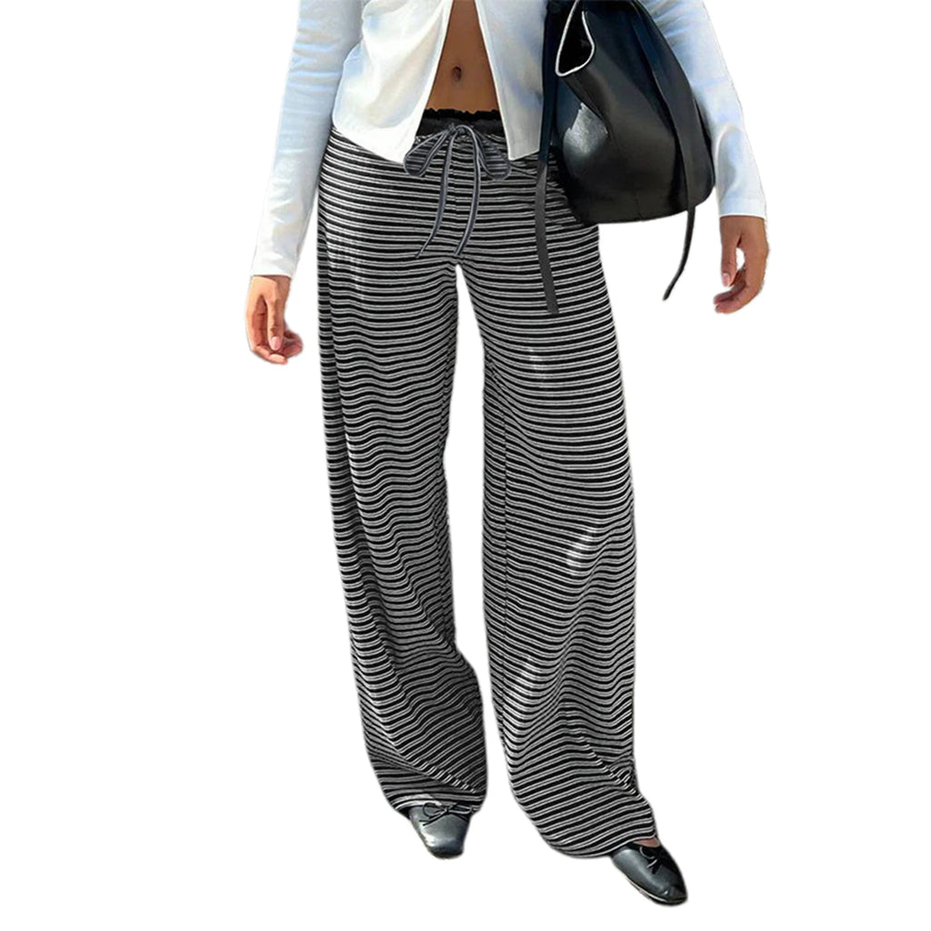 Puloru Women's Elastic Waist Baggy Pants Spring Summer Striped/Plaids/Letter Heart Print Wide Leg Lounge Bottoms Casual Trousers