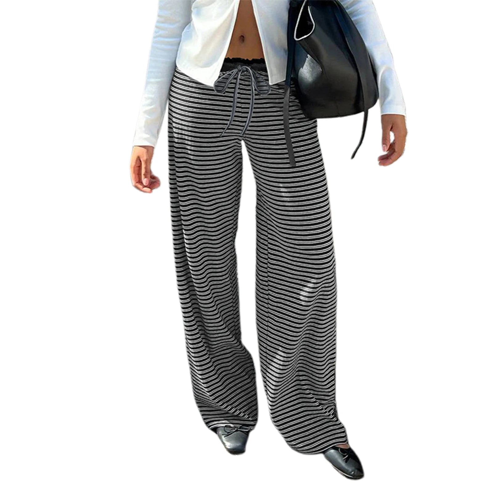 Puloru Women's Elastic Waist Baggy Pants Spring Summer Striped/Plaids/Letter Heart Print Wide Leg Lounge Bottoms Casual Trousers