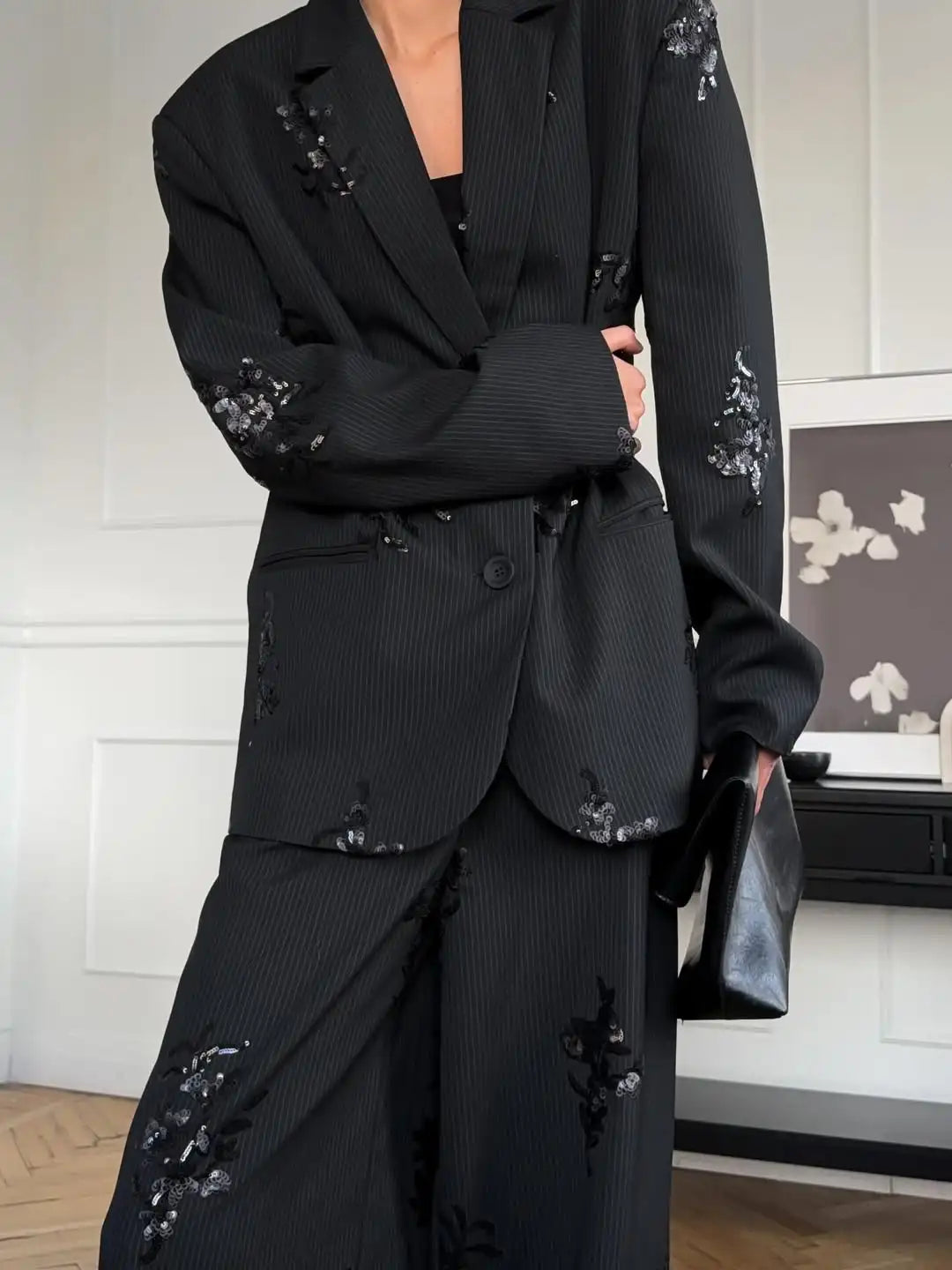 Black Sequin Women Embroidery Blazer 2 Piece Set Full Sleeve Lapel