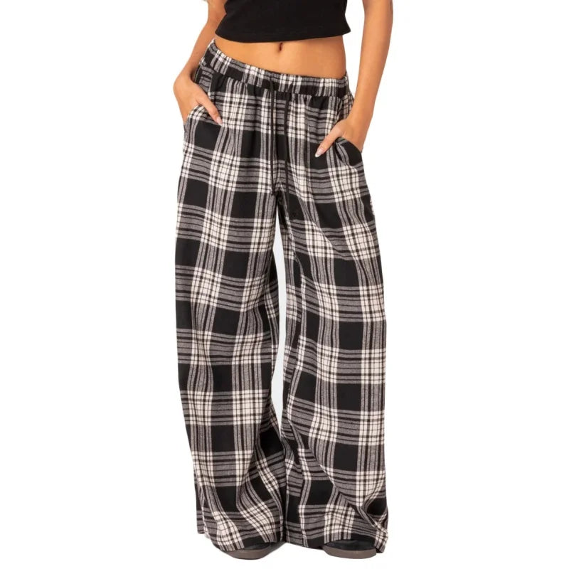 Puloru Women's Elastic Waist Baggy Pants Spring Summer Striped/Plaids/Letter Heart Print Wide Leg Lounge Bottoms Casual Trousers