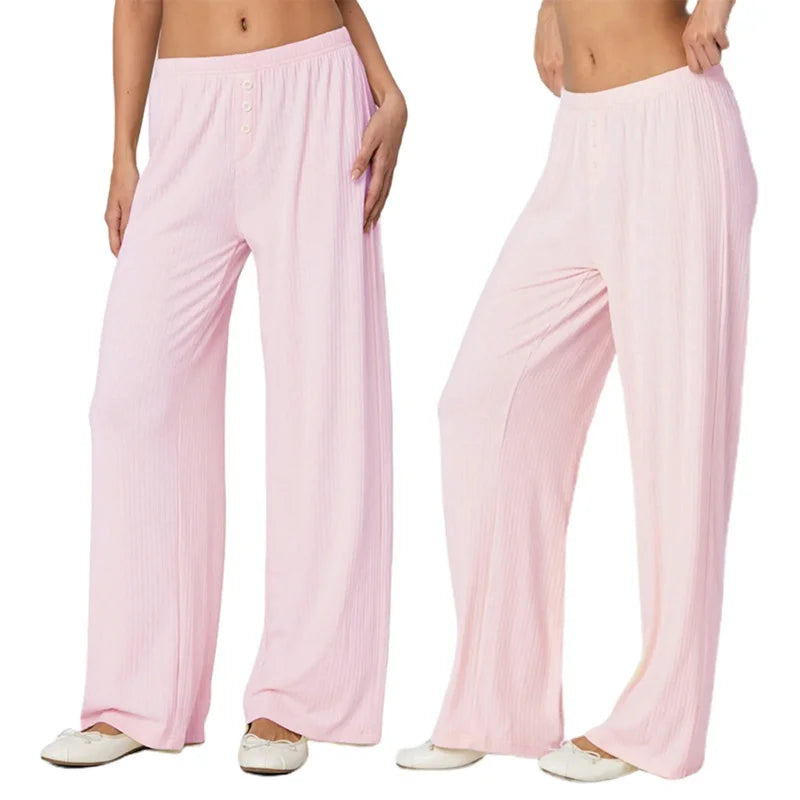 Puloru Women's Elastic Waist Baggy Pants Spring Summer Striped/Plaids/Letter Heart Print Wide Leg Lounge Bottoms Casual Trousers