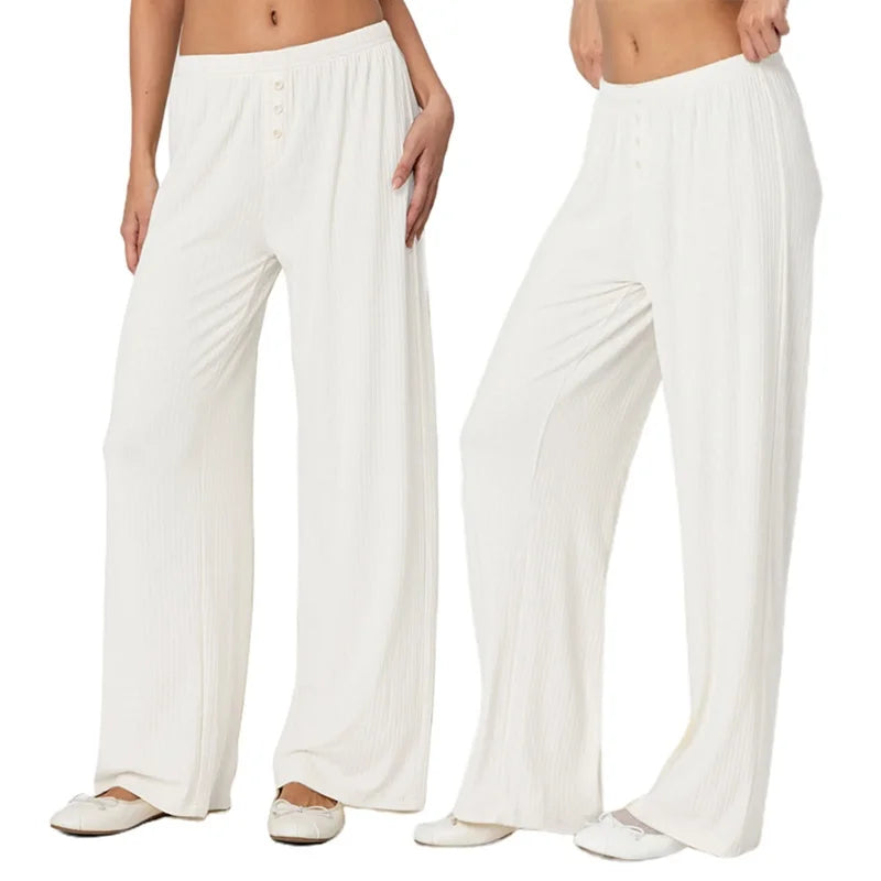 Puloru Women's Elastic Waist Baggy Pants Spring Summer Striped/Plaids/Letter Heart Print Wide Leg Lounge Bottoms Casual Trousers