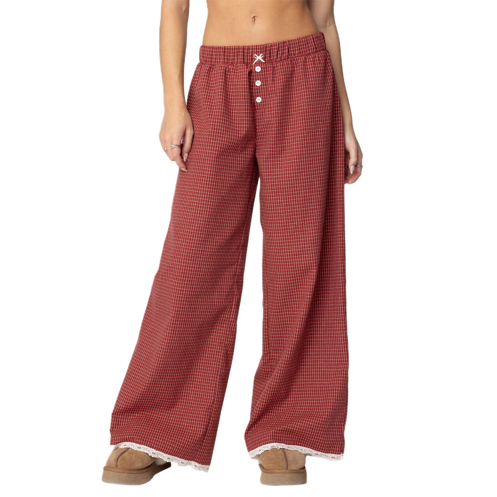 Puloru Women's Elastic Waist Baggy Pants Spring Summer Striped/Plaids/Letter Heart Print Wide Leg Lounge Bottoms Casual Trousers