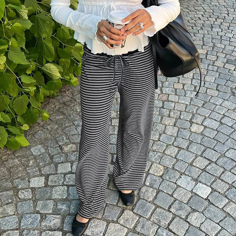 Puloru Women's Elastic Waist Baggy Pants Spring Summer Striped/Plaids/Letter Heart Print Wide Leg Lounge Bottoms Casual Trousers