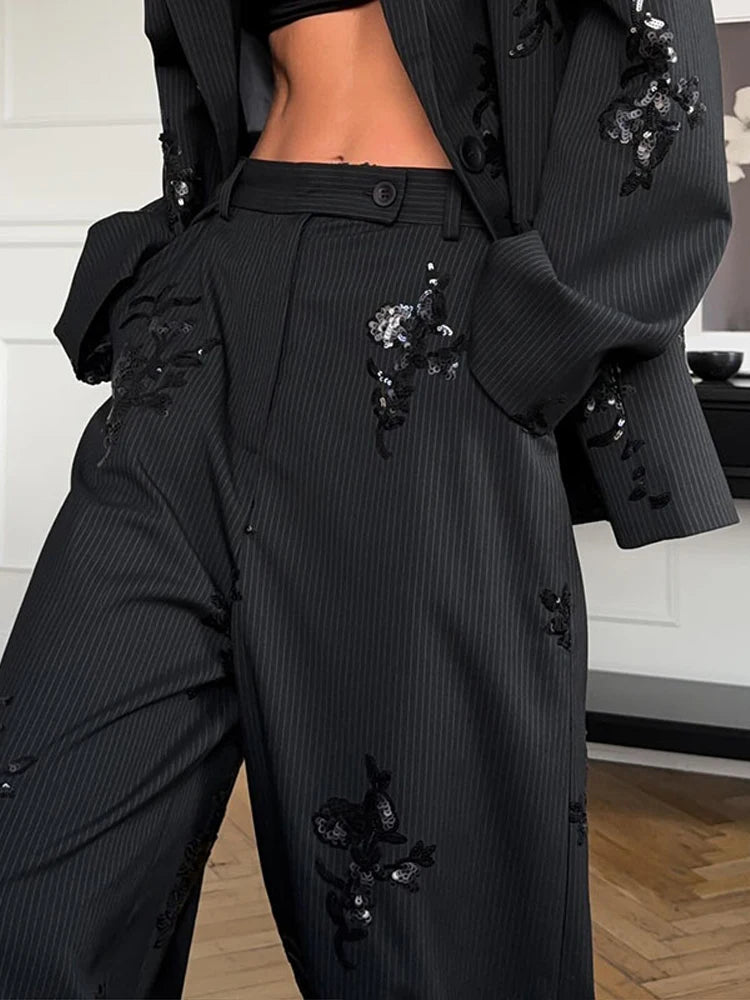 Black Sequin Women Embroidery Blazer 2 Piece Set Full Sleeve Lapel