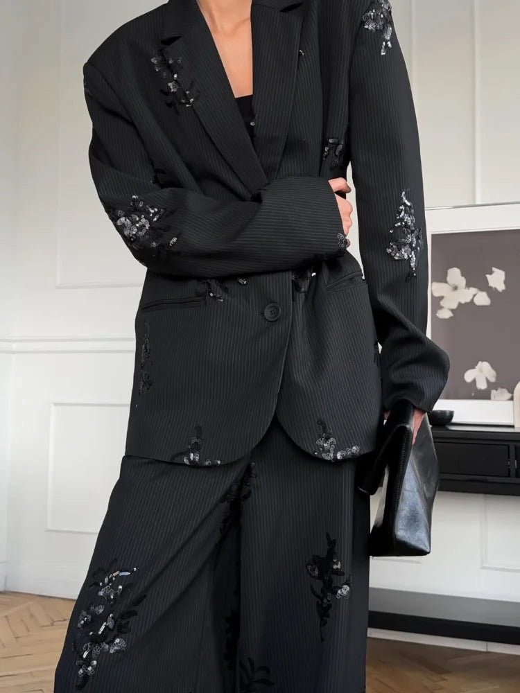 Black Sequin Women Embroidery Blazer 2 Piece Set Full Sleeve Lapel