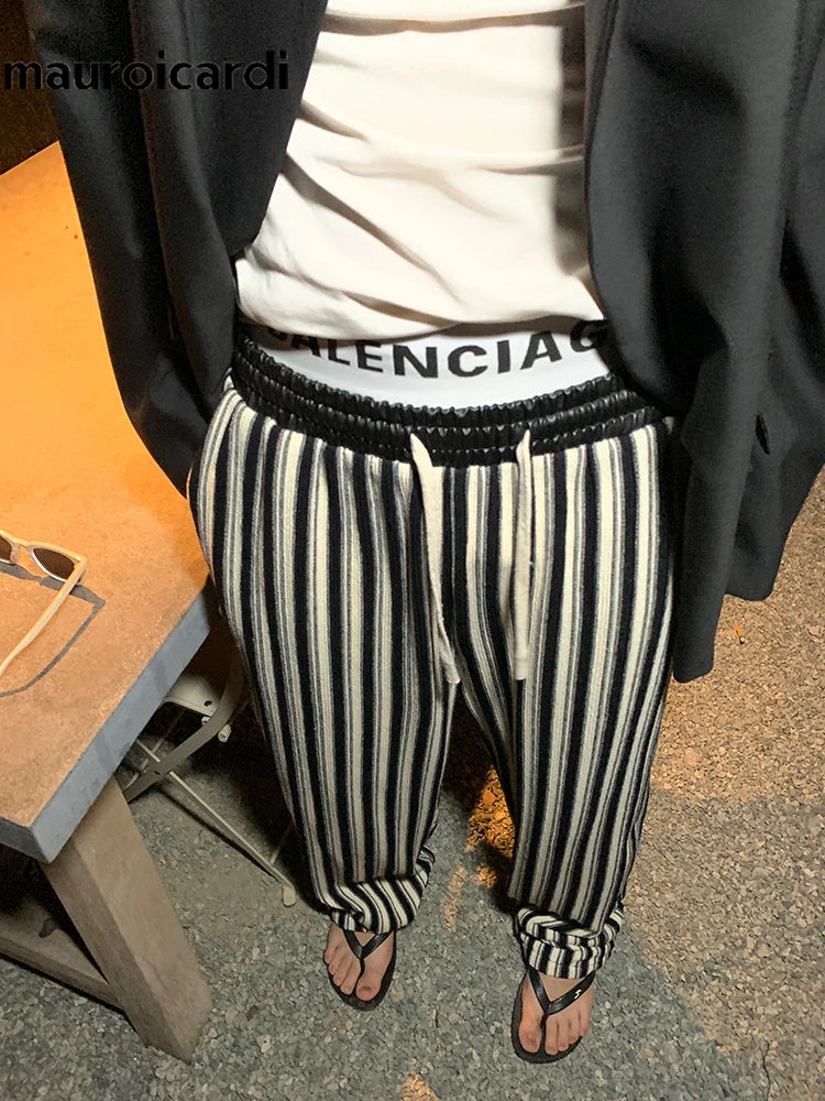 Mauroicardi Spring Autumn Long Loose Casual Flowy Striped Pants Men with Drawstring Elastic Waist Luxury Designer Clothing 2024